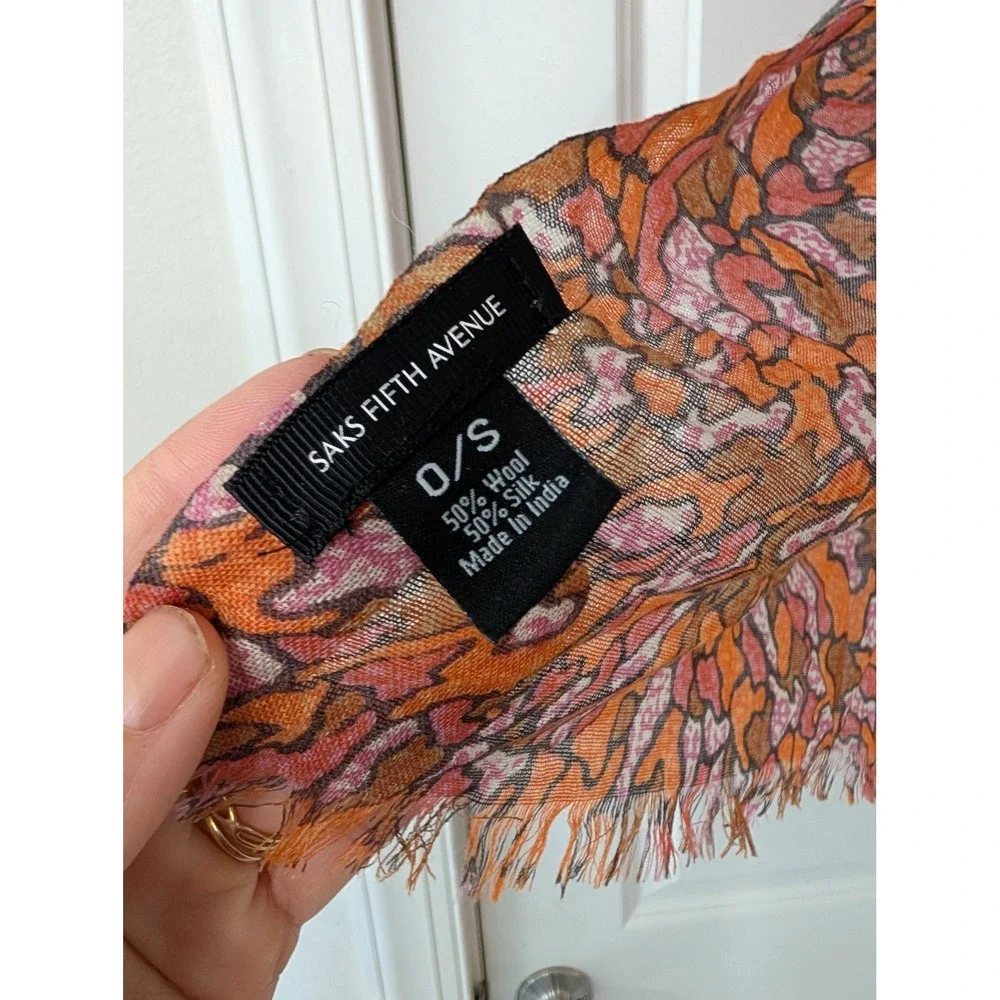 Saks Fifth Avenue Wool Silk Abstract Print Scarf Orange Fringe O/S fall earthy
